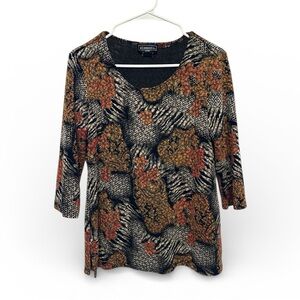 Y2K Era Elementz Women's Black and Orange Metallic Patterned Blouse M Petite